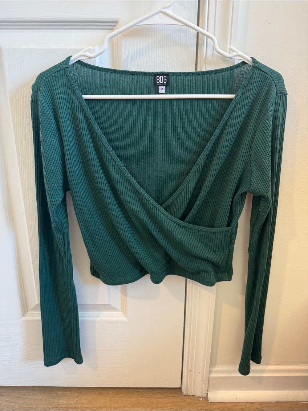 BDG Forest Green Ribbed Crossover Long-Sleeve Top